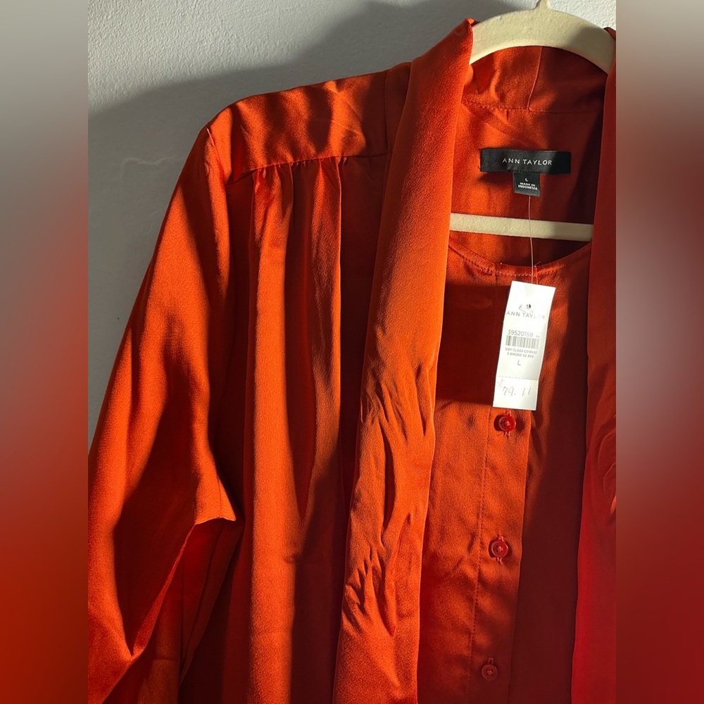 Ann Taylor Vibrant Orange Satin Blouse with Neck Tie - Picture 3 of 15